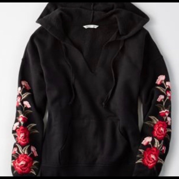black hoodie with rose embroidery